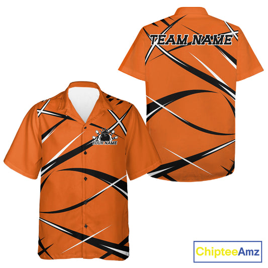 Front and back mockup of a button up bowling shirt in orange, black, and white with a custom name.
