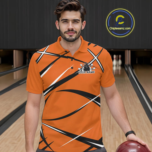Front view of a male bowler in a bowling alley wearing an orange, black, and white bowling polo shirt with a sporty jersey design