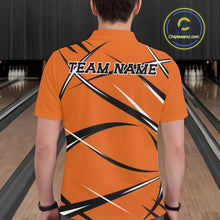 Load image into Gallery viewer, Back view of a male bowler wearing an orange, black, and white bowling polo shirt in a bowling lane