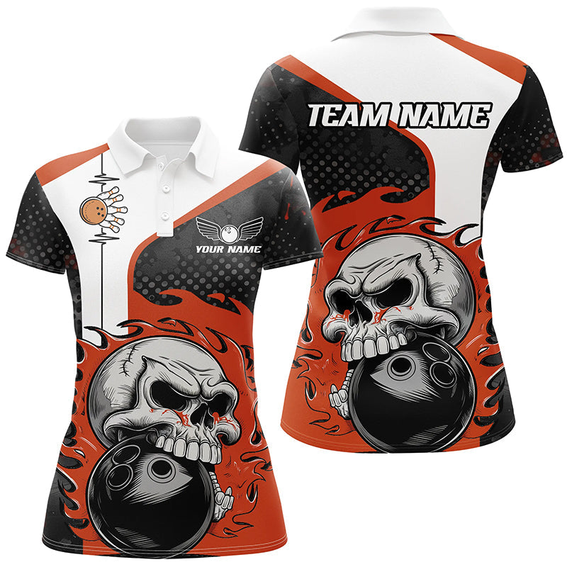 Custom Orange Flame Skull Bowling Shirts, Bowling Team Polo Shirt For Women Outfit Bowling IPHW6757