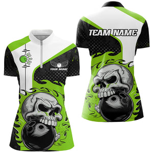 Custom Green Flame Skull Bowling Shirts, Bowling Team Quarter Zip Shirt For Women Outfit IPHW6758