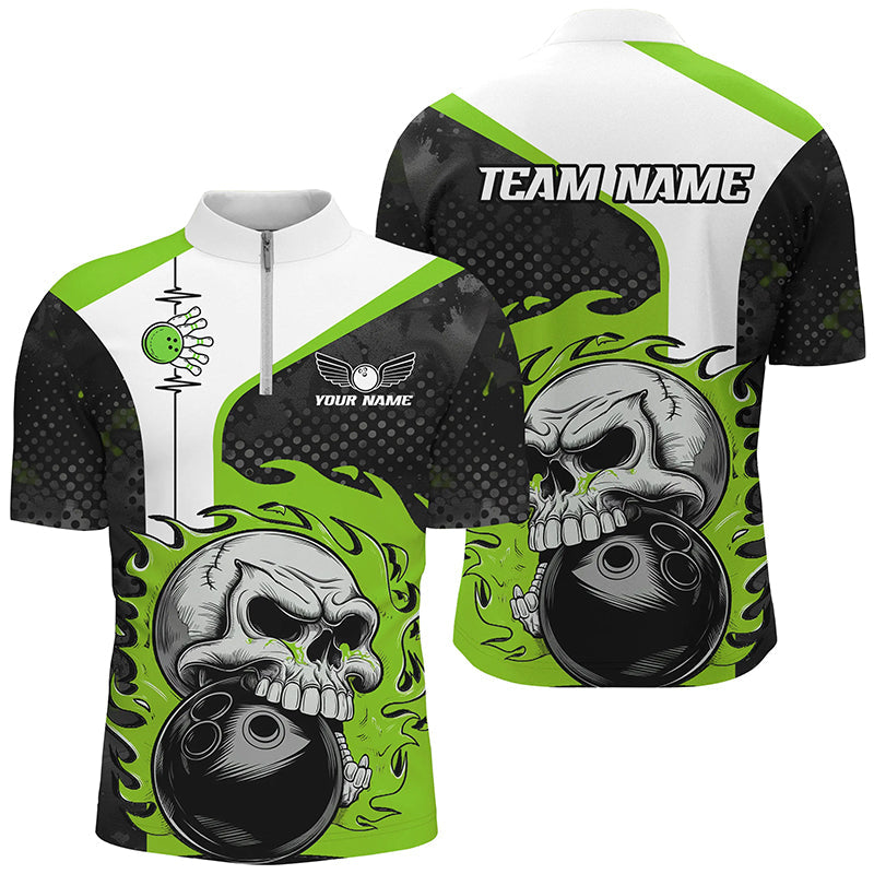 Custom Green Flame Skull Bowling Shirts, Bowling Team Quarter Zip Shirt For Men Outfit Bowling IPHW6758