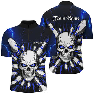 Blue Lightning Custom Skull Bowling Shirt For Men, Halloween Bowling Team Quarter Zip Shirt IPHW6761