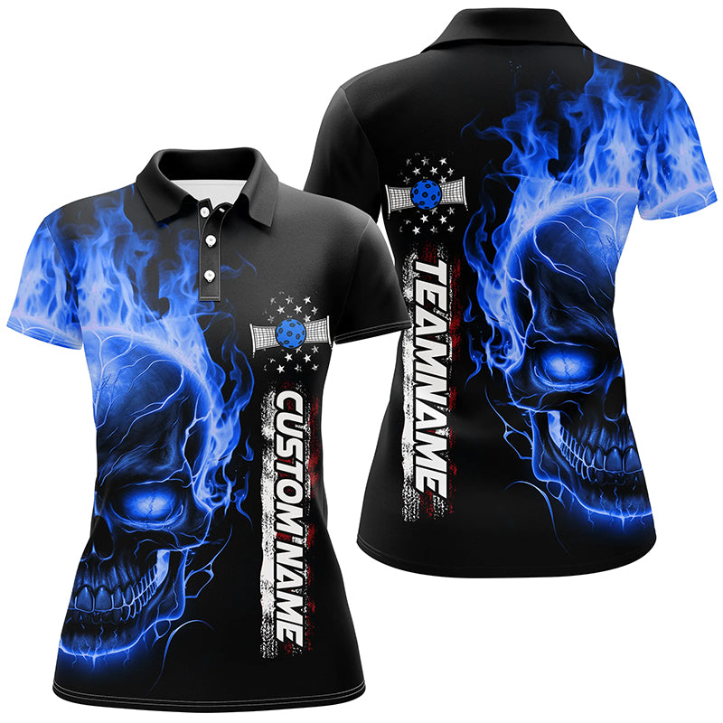Flame Skull American Flag Custom Team Pickleball Shirts For Women, Patriotic Pickleball Jerseys IPHW5191