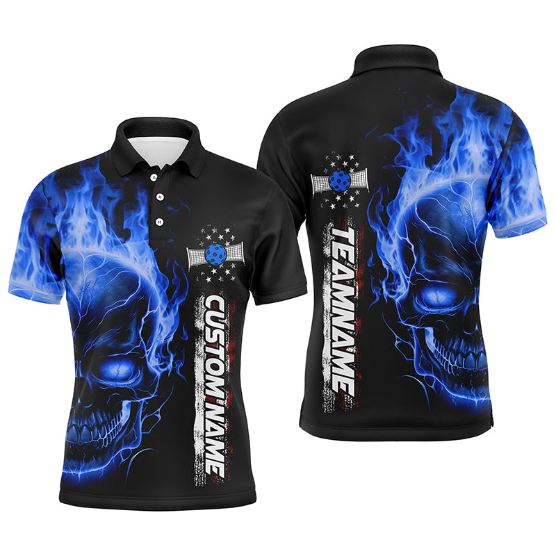 Flame Skull American Flag Custom Team Pickleball Shirts For Men, Patriotic Pickleball Jerseys IPHW5191