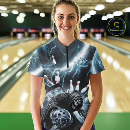 Custom Blue Lightning Grim Reaper Bowling Women Quarter-Zip Shirt, Halloween Outfit IPHW9797