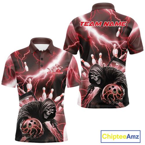 Custom Red Thunder Lightning Grim Reaper Bowling Men Polo Shirt, Halloween Bowling Outfit IPHW9798