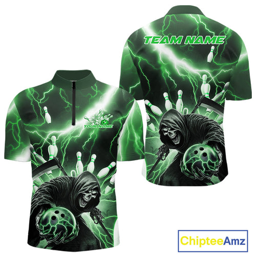 Custom Green Thunder Lightning Grim Reaper Bowling Men Quarter-Zip Shirt, Halloween Outfit IPHW9800