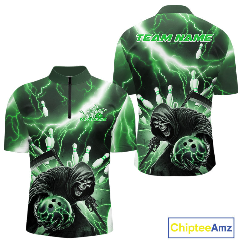 Custom Green Thunder Lightning Grim Reaper Bowling Men Quarter-Zip Shirt, Halloween Outfit IPHW9800