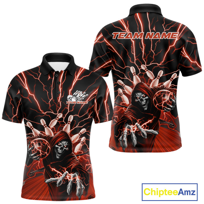Custom Black And Red Lightning Grim Reaper Bowling Men Polo Shirt, Halloween Outfit IPHW9806