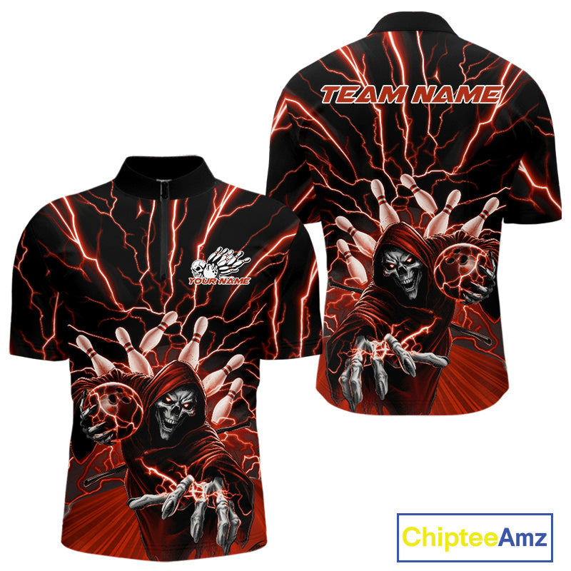 Custom Black And Red Lightning Grim Reaper Bowling Men Quarter-Zip Shirt, Halloween Outfit IPHW9806