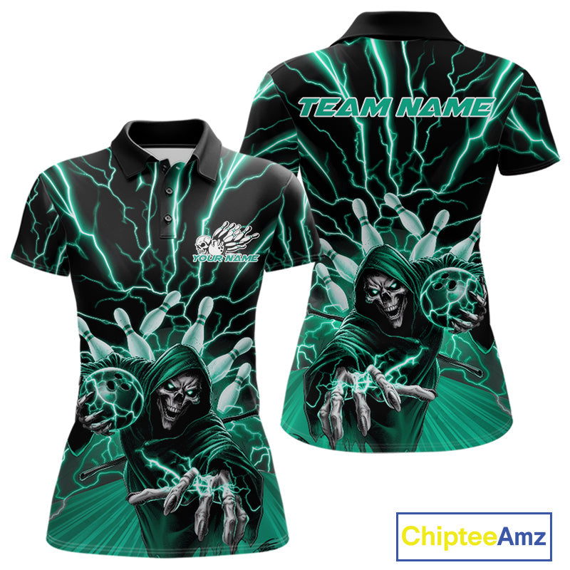 Custom Black And Green Lightning Grim Reaper Bowling Women Polo Shirt, Halloween Outfit IPHW9807