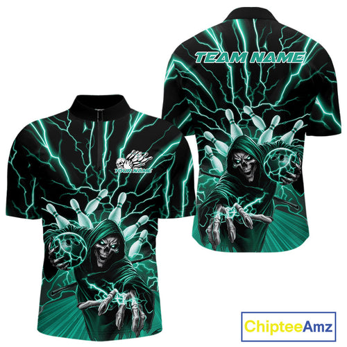 Custom Black And Green Lightning Grim Reaper Bowling Men Quarter-Zip Shirt, Halloween Outfit IPHW9807