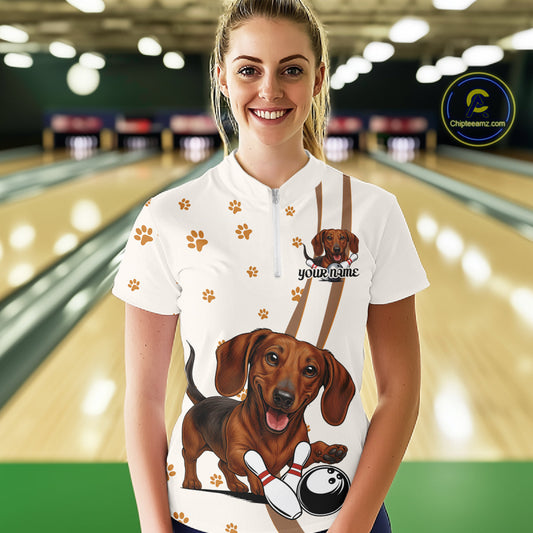 Custom Funny Dachshund Dog Women Bowling Team Shirt, Dog Lovers Bowling Uniform IPHW10213