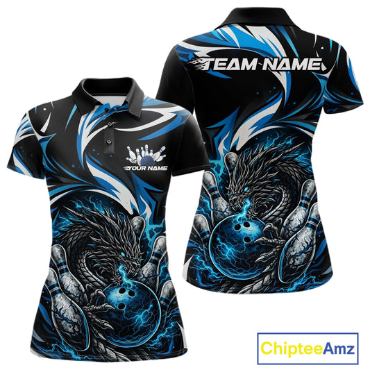 Custom Blue Lightning Dragon Bowling Women Polo Shirts, Dragon Bowling League Shirt IPHW10355