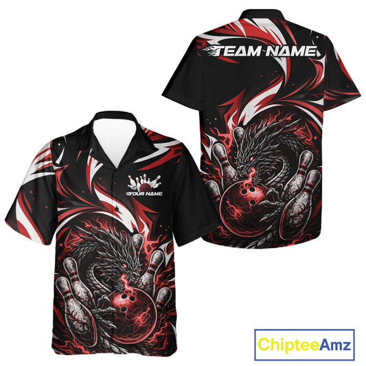 Custom Red Lightning Dragon Bowling Men And Women Hawaiian Shirts, Dragon Bowling League Shirt IPHW10356