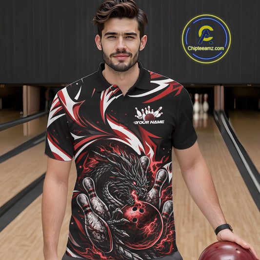 Custom Red Lightning Dragon Bowling Men Polo Shirts, Dragon Bowling League Shirt IPHW10356