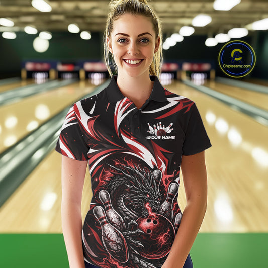 Custom Red Lightning Dragon Bowling Women Polo Shirts, Dragon Bowling League Shirt IPHW10356