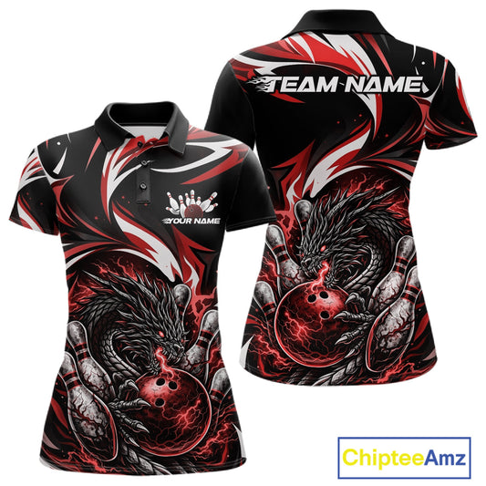 Custom Red Lightning Dragon Bowling Women Polo Shirts, Dragon Bowling League Shirt IPHW10356