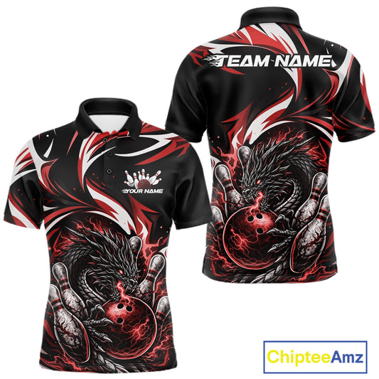 Custom Red Lightning Dragon Bowling Men Polo Shirts, Dragon Bowling League Shirt IPHW10356