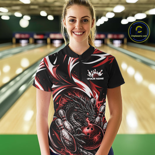Custom Red Lightning Dragon Bowling Women Quarter-Zip Shirts, Bowling League Shirt IPHW10356