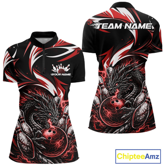 Custom Red Lightning Dragon Bowling Women Quarter-Zip Shirts, Bowling League Shirt IPHW10356