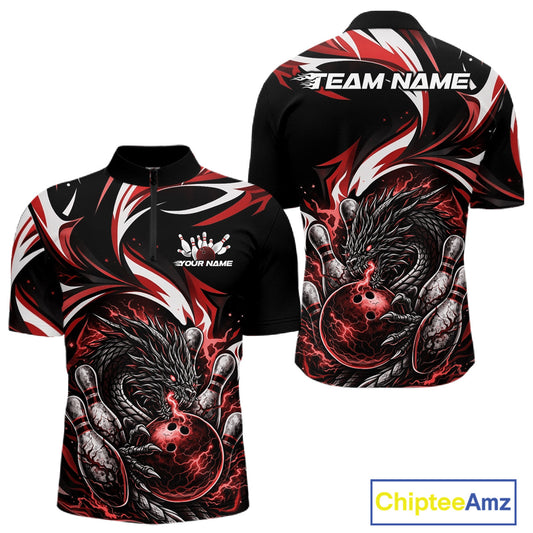 Custom Red Lightning Dragon Bowling Men Quarter-Zip Shirts, Dragon Bowling League Shirt IPHW10356