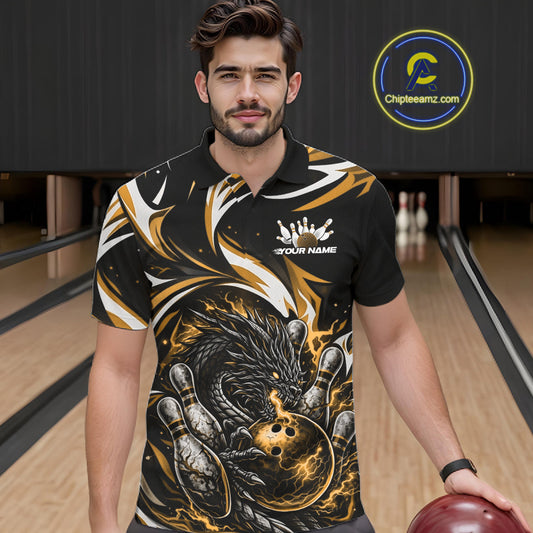 Custom Gold Lightning Dragon Bowling Men Polo Shirts, Dragon Bowling League Shirt IPHW10357