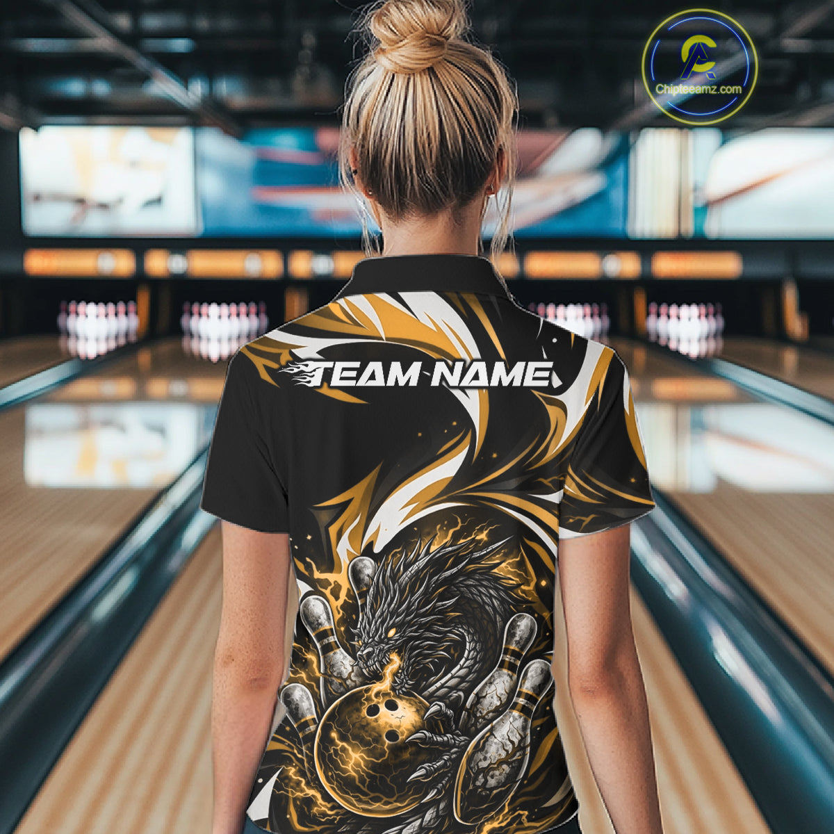 Custom Gold Lightning Dragon Bowling Women Polo Shirts, Dragon Bowling League Shirt IPHW10357