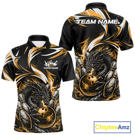 Custom Gold Lightning Dragon Bowling Men Polo Shirts, Dragon Bowling League Shirt IPHW10357