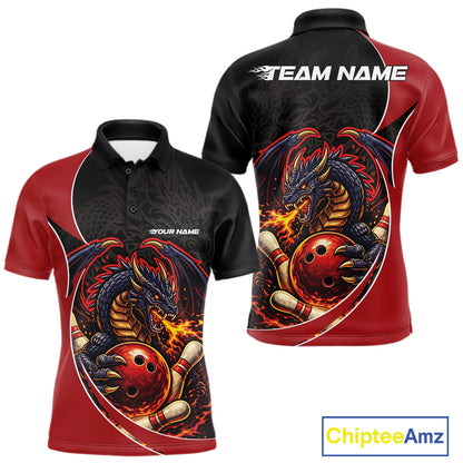 Custom Black And Red Fire Dragon Bowling Jerseys, Dragon Bowling Team Men Polo Shirt IPHW10365