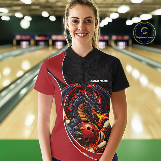 Custom Black And Red Fire Dragon Bowling Jerseys, Bowling Team Women Quarter-Zip Shirt IPHW10365
