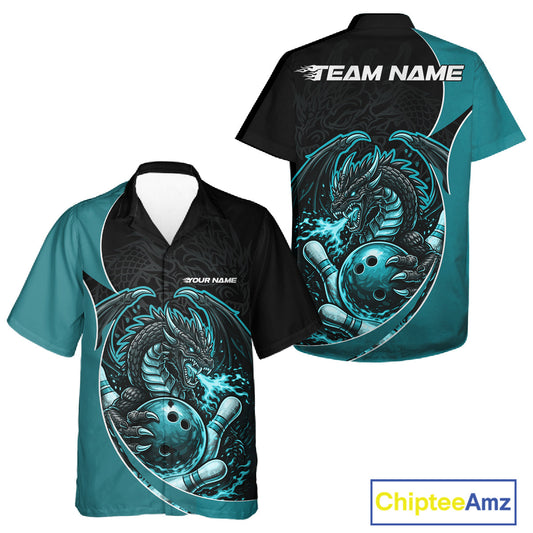 Custom Turquoise Blue Fire Dragon Bowling Jerseys, Dragon Bowling Team Men And Women Hawaiian Shirt IPHW10366