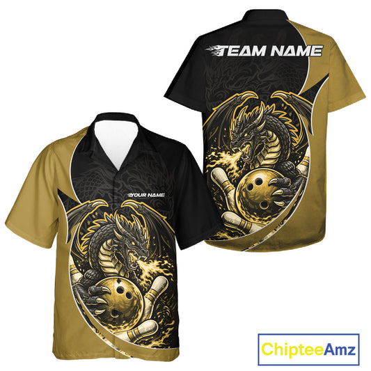 Custom Yellow Fire Dragon Bowling Jerseys, Dragon Bowling Team Men And Women Hawaiian Shirt IPHW10367