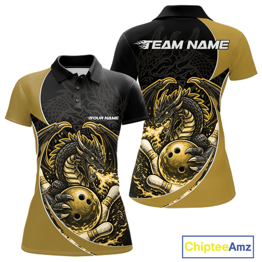 Custom Yellow Fire Dragon Bowling Jerseys, Dragon Bowling Team Women Polo Shirt IPHW10367