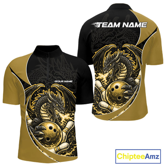 Custom Yellow Fire Dragon Bowling Jerseys, Dragon Bowling Team Men Quarter-Zip Shirt IPHW10367