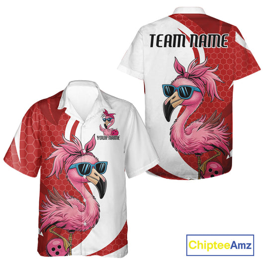 Custom Funny Red Flamingo Bowling Men And Women Hawaiian Shirt, Bowling League Bowlers Outfit IPHW10681