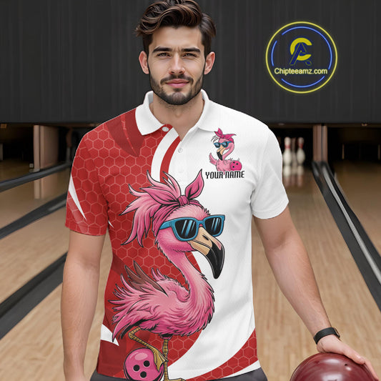 Custom Funny Red Flamingo Bowling Men Polo Shirt, Bowling League Bowlers Outfit IPHW10681