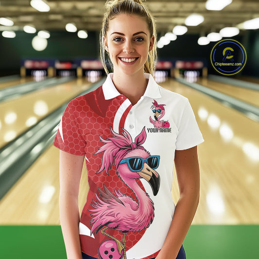 Custom Funny Red Flamingo Bowling Women Polo Shirt, Bowling League Bowlers Outfit IPHW10681