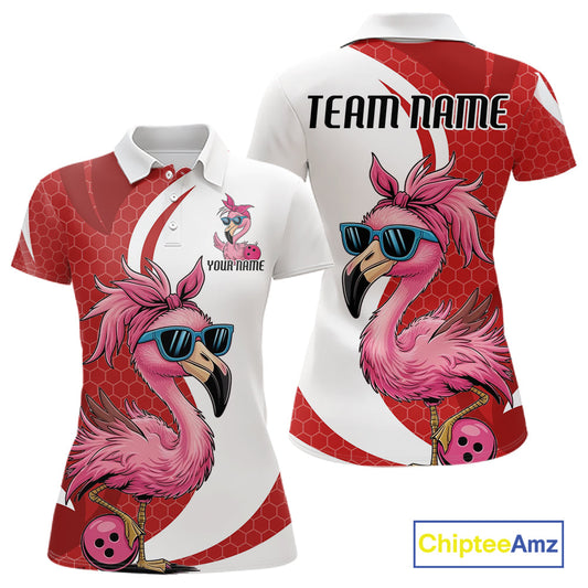 Custom Funny Red Flamingo Bowling Women Polo Shirt, Bowling League Bowlers Outfit IPHW10681