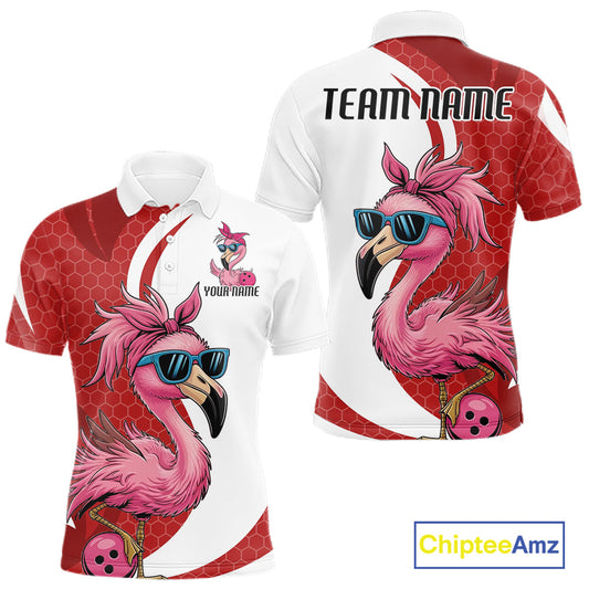 Custom Funny Red Flamingo Bowling Men Polo Shirt, Bowling League Bowlers Outfit IPHW10681