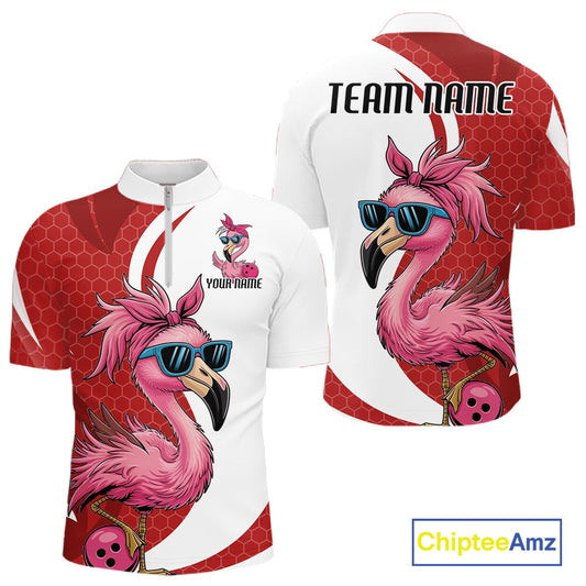 Custom Funny Red Flamingo Bowling Men Quarter-Zip Shirt, Bowling League Bowlers Outfit IPHW10681