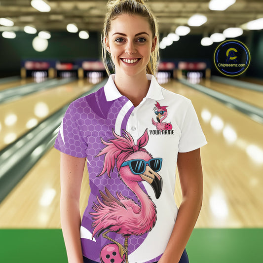 Custom Funny Purple Flamingo Bowling Women Polo Shirt, Bowling League Bowlers Outfit IPHW10682