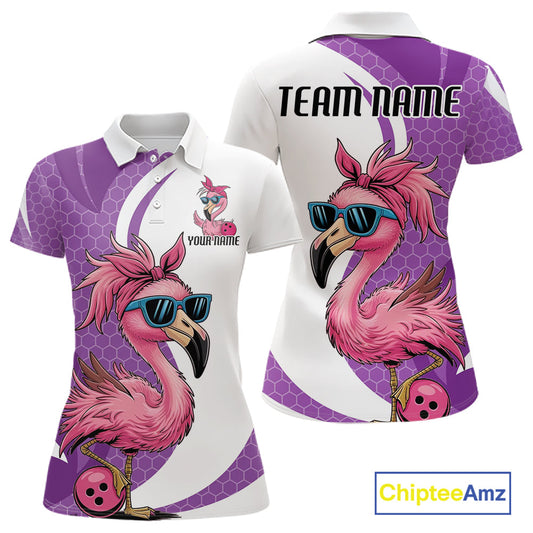 Custom Funny Purple Flamingo Bowling Women Polo Shirt, Bowling League Bowlers Outfit IPHW10682