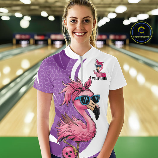 Custom Funny Purple Flamingo Bowling Women Quarter-Zip Shirt, Bowling League Outfit IPHW10682