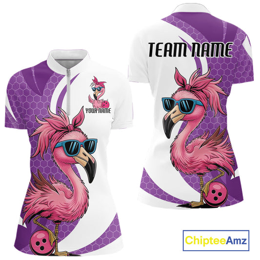 Custom Funny Purple Flamingo Bowling Women Quarter-Zip Shirt, Bowling League Outfit IPHW10682
