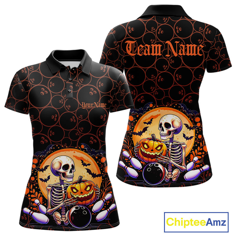 Custom Funny Skeleton Bowling Polo Shirts For Women, Halloween Bowling Team Outfit IPHW9604