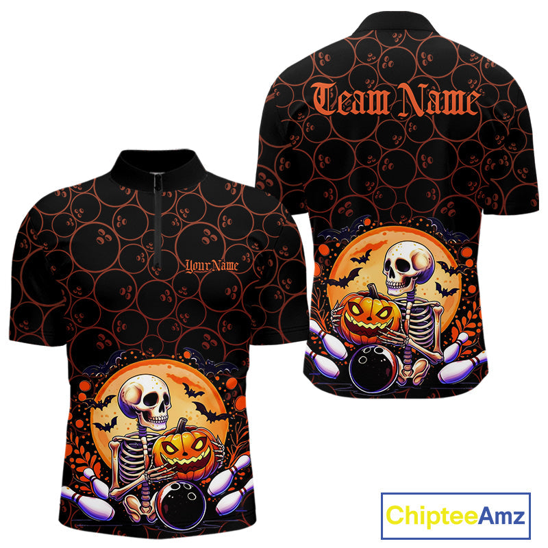 Custom Funny Skeleton Bowling Quarter-Zip Shirts For Men, Halloween Bowling Team Outfit IPHW9604