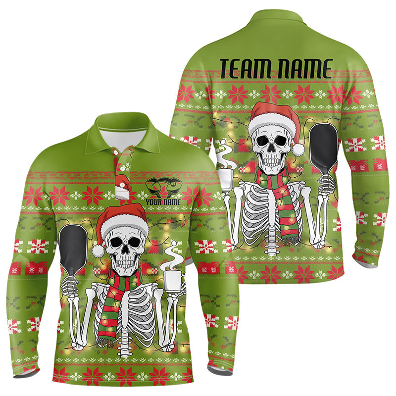 Funny Custom Ugly Sweater Pattern Skull Christmas Pickleball Long Sleeve Polo Shirts For Men IPHW8086