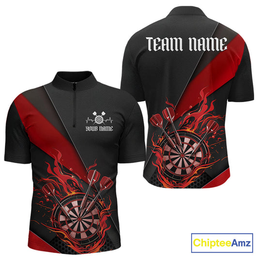 Custom Black And Red Flame Dartboard Darts Team Men Quarter-Zip Shirts, Darts Jerseys IPHW10373